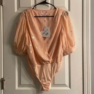 Peach with Silver & White Stars Twyla Surplice Bodysuit x  Buddy Love